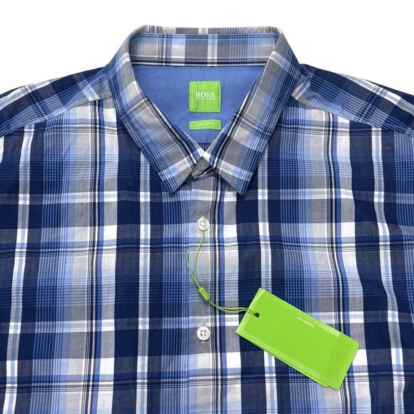 Hugo Boss NWT Green Label Button Up Shirt Mens XXL Blue Plaid Cotton Long Sleeve - Picture 4 of 12